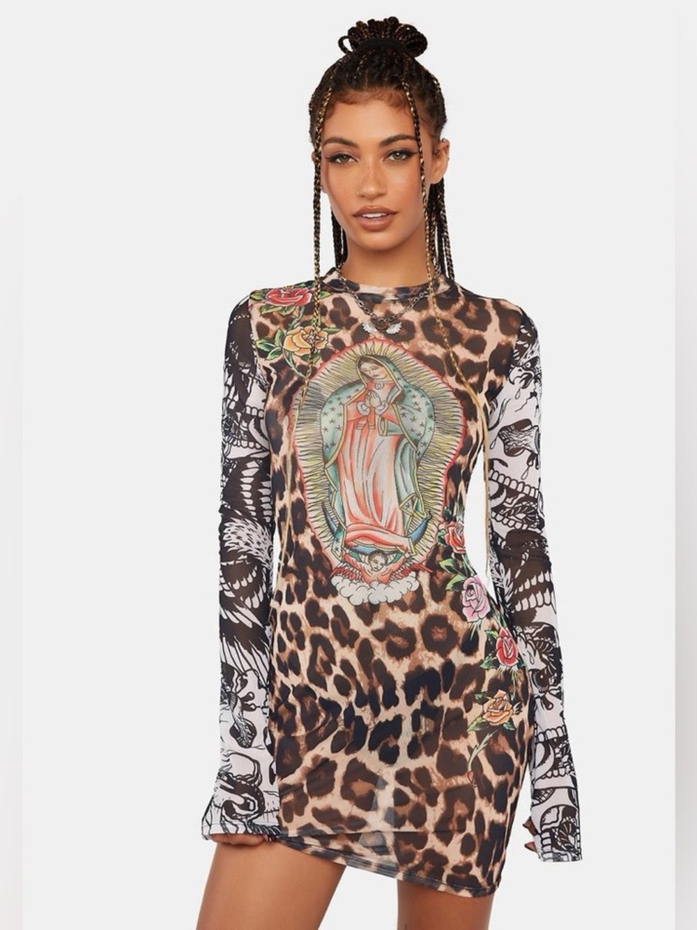 Ed Hardy Leopard Print Virgin Mary Mesh Dress Long Sleeve